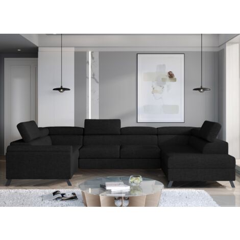 Canapé panoramique convertible SKADA tissu – Rangement et appuis-têtes réglables à droite-Noir-Coffre à droite (1/5)