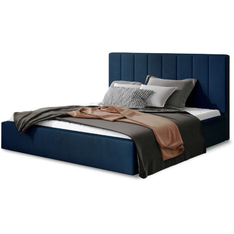 Lit adulte avec coffre de rangement Vareza – Velours matelassé-Bleu foncé-180x200 (1/5)