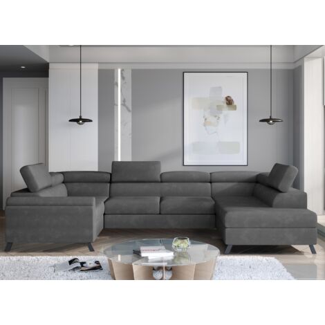 Canapé panoramique convertible SKADA velours – Rangement et appuis-têtes réglables à droite-Gris-Coffre à droite (1/5)