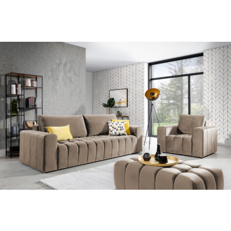 Ensemble 1 canapé convertible + 1 fauteuil + 1 pouf capitonné LARKO velours-Marron clair