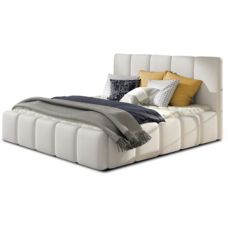 Lit adulte avec coffre de rangement Vika – Simili cuir capitonné-Blanc-160x200 (1/4)