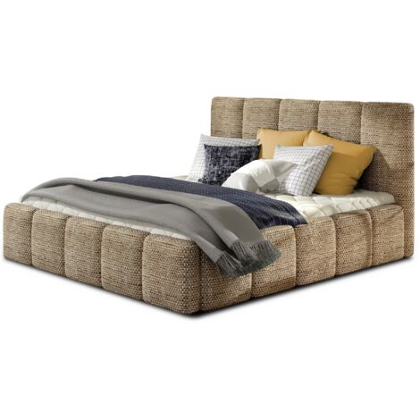 Lit adulte avec coffre de rangement Vika – Tissu capitonné-Beige chiné-160x200 (1/5)