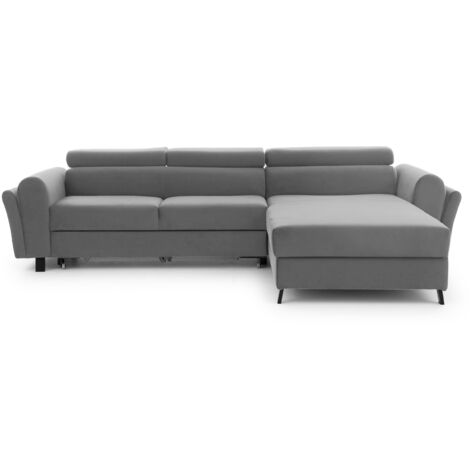 Canapé d’angle convertible MAZALI velours - Appuis-tête réglables et rangement A droite-Gris clair-Méridienne A droite (1/5)