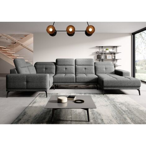 Canapé panoramique design SKAW tissu - Têtières réglables A gauche-Gris clair chiné-Méridienne A gauche (1/5)