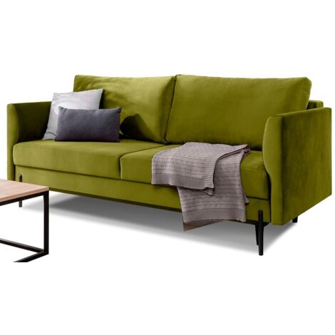 Canapé convertible 4 places ROBBY en tissu avec coffre et pieds en métal noir – 215cm-Vert olive (1/5)
