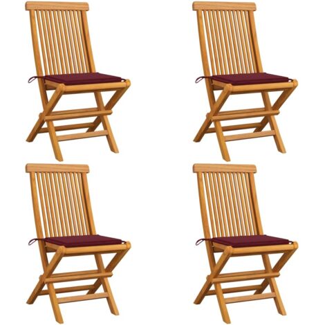 Chaises de jardin avec coussins rouge bordeaux 4pcs Teck massif 2 (1/5)