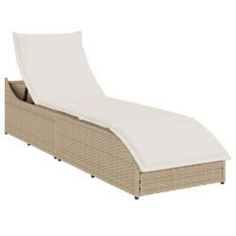 Chaise longue pliante coussin et rangement beige résine tressée (1/5)