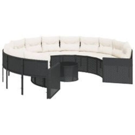 Canapé de jardin avec table coussins rond noir résine tressée (1/5)
