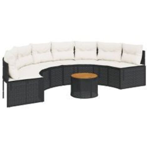 Canapé de jardin table coussins demi-rond noir résine tressée (1/5)