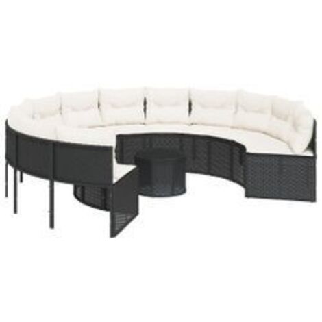 Canapé de jardin avec table coussins rond noir résine tressée (1/5)