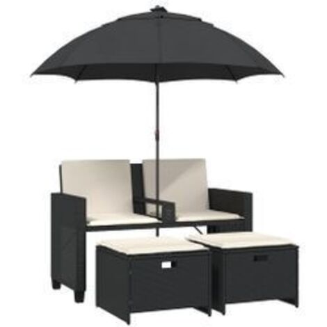 Canapé de jardin 2 places avec parasol et tabourets noir rotin (1/5)