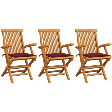 Chaises de jardin avec coussins rouge bordeaux 3pcs Teck massif (1/5)
