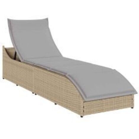 Chaise longue pliante coussin et rangement beige résine tressée (1/5)