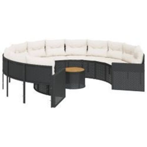 Canapé de jardin avec table coussins rond noir résine tressée (1/5)