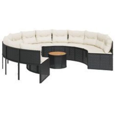Canapé de jardin avec table coussins rond noir résine tressée (1/5)