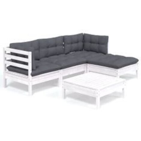 Salon de jardin 5 pcs avec coussins Blanc Bois de pin (1/5)