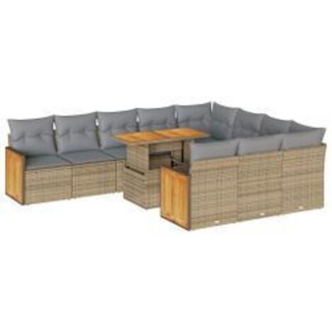 Salon de jardin 11pcs avec coussins beige résine tressée acacia (1/5)