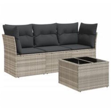 Salon de jardin 4 pcs avec coussins gris clair résine tressée (1/4)