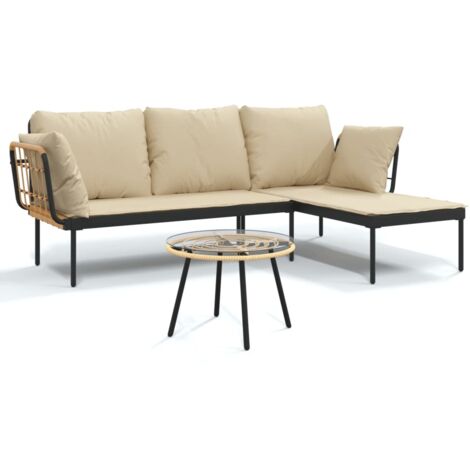 Salon de jardin 3 pcs avec coussins beiges résine tressée (1/5)