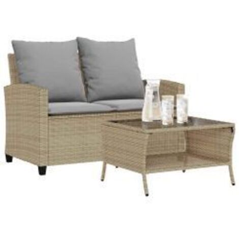 Canapé de jardin 2places coussins et table beige résine tressée (1/5)