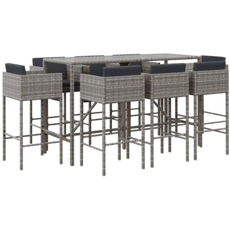 Ensemble de bar de jardin 9 pcs avec coussins gris poly rotin (1/5)