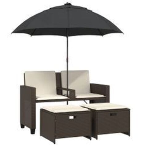 Canapé de jardin 2 places et parasol et tabourets marron rotin (1/5)