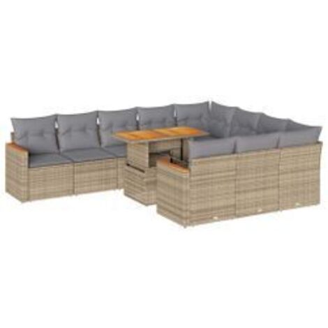 Salon de jardin 11pcs avec coussins beige résine tressée acacia (1/5)
