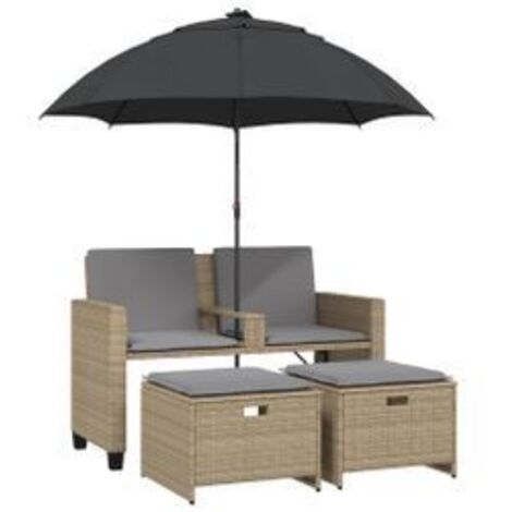 Canapé de jardin 2 places avec parasol et tabourets beige rotin (1/5)