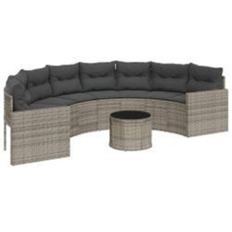 Canapé de jardin table coussins demi-rond gris résine tressée (1/5)