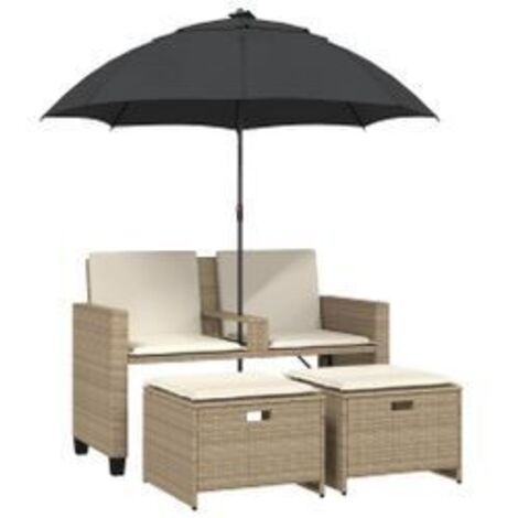 Canapé de jardin 2 places avec parasol et tabourets beige rotin (1/5)