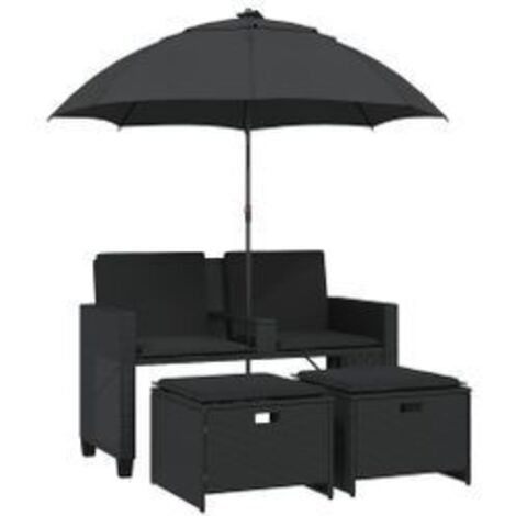 Canapé de jardin 2 places avec parasol et tabourets noir rotin (1/5)