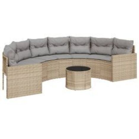 Canapé de jardin table coussins demi-rond beige résine tressée (1/5)