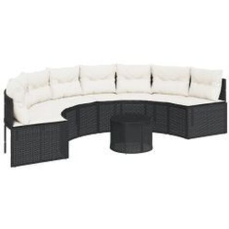 Canapé de jardin table coussins demi-rond noir résine tressée (1/5)