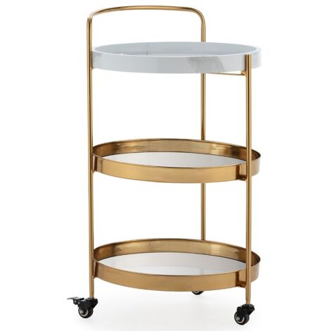 Chariot de bar ZOVA en métal, marbre artificiel et miroir – Doré & Blanc (1/4)