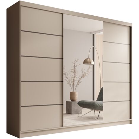 Les Tendances – Armoire coulissante 3 portes avec miroir – Dimensions L 250 x H 215 x P 58 cm – Panneau stratifié 16 mm – 11 étagères + penderie