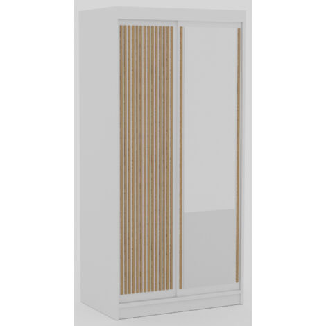 Les Tendances – Armoire coulissante 100 cm avec miroir – 2 portes coulissantes – Panneau stratifié 16 mm – 5 étagères + penderie – Blanc/Beige