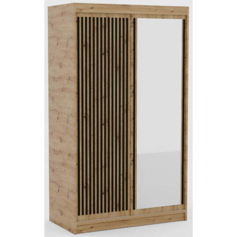 Armoire coulissante BIZEN avec lames décor bois et miroir – Moderne et chaleureux 120 cm-Beige/Noir-Largeur 120 cm (1/5)