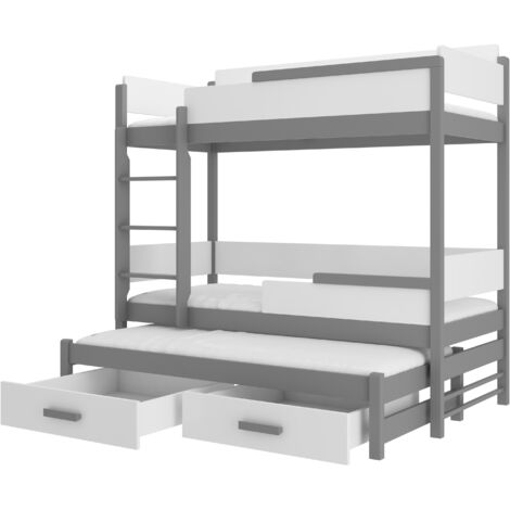 Lit superposé 3 places 90x200 KINZEY - 2 tiroirs de rangement et 3 sommiers-Gris foncé (1/5)