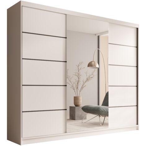 Les Tendances – Armoire coulissante 3 portes avec miroir – Dimensions L 250 x H 215 x P 58 cm – Panneau stratifié 16 mm – 11 étagères + penderie