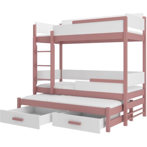 Lit superposé 3 places 90x200 KINZEY - 2 tiroirs de rangement et 3 sommiers-Rose (1/5)