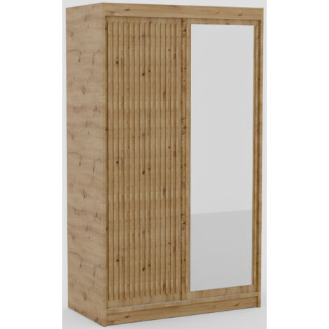 Armoire coulissante BIZEN avec lames décor bois et miroir – Moderne et chaleureux 120 cm-Beige-Largeur 120 cm