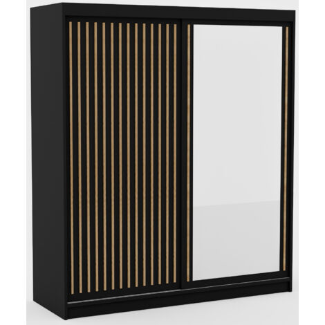 Armoire coulissante BIZEN avec lames décor bois et miroir – Moderne et chaleureux 180 cm-Noir/Beige-Largeur 180 cm (1/5)