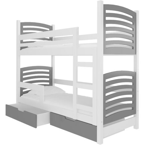 Lit superposé 2 places 80x190 OZURA – Avec matelas et tiroirs de rangement-Gris clair (1/5)