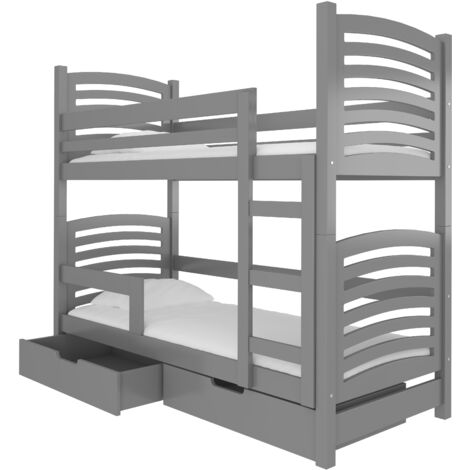 Lit superposé 2 places 80x190 OZURA – Avec matelas et tiroirs de rangement-Gris (1/5)
