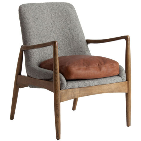Fauteuil tissu gris coussin cuir marron et pieds pin massif clair Pierig