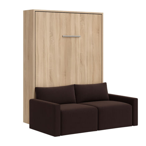 Lit escamotable vertical avec canapé tissu VALENCIA Marron Sans matelas-90x190-Canapé Marron-Structure Chêne clair (1/5)
