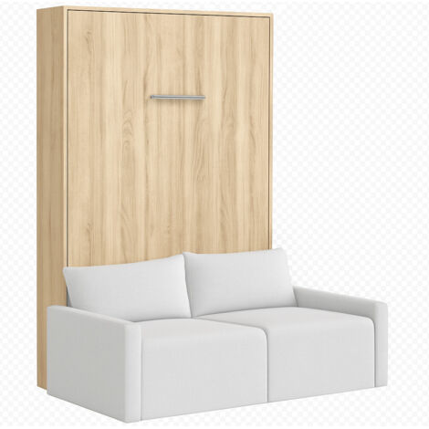 Lit escamotable vertical avec canapé tissu VALENCIA Matelas mousse 18 cm Gris clair-Avec matelas-90x190-Canapé Gris clair-Structure Chêne clair (1/5)