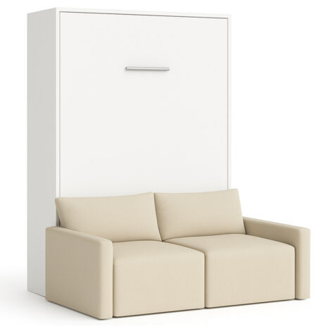 Lit escamotable vertical avec canapé tissu VALENCIA Beige Matelas mousse 18 cm-Avec matelas-80x180-Canapé Beige-Structure Blanche (1/5)