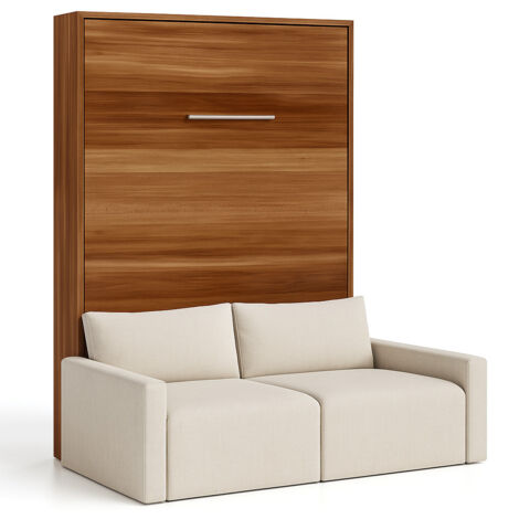 Lit escamotable vertical avec canapé tissu VALENCIA Matelas mousse 18 cm Beige-Avec matelas-90x190-Canapé Beige-Structure Noyer (1/5)