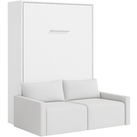 Lit escamotable vertical avec canapé tissu VALENCIA Gris clair Matelas mousse 18 cm-Avec matelas-140x190-Canapé Gris clair-Structure Blanche (1/5)